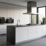 A modern Dutch kitchen featuring handleless matte white cabinets, black composite countertops, industrial steel appliances, and a minimalist center island with an induction cooktop, bathed in soft morning light through large windows, complemented by fresh herbs in matte black pots and a high gloss concrete floor.