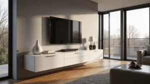 Ontdek de perfecte TV-meubels voor jouw woonkamer Een fotorealistisch interieur van een ruime, eigentijdse woonkamer met een strak, zwevend wit tv-meubel aan een lichtgrijze muur. Een 65-inch flatscreen-tv is gecentreerd erboven, met minimale zichtbare kabels. Natuurlijk daglicht valt door grote ramen, wat zachte schaduwen creëert. Decoratieve witte keramische vazen en designerboeken zijn kunstzinnig gerangschikt op het meubel. Shot vanuit ooghoogte met diagonale perspectief, wat diepte benadrukt. De kamer heeft warme houten vloeren, moderne meubels en sfeerverlichting. Cinematische kleurgradatie met verzadigde tonen, hoog contrast en scherpe details.