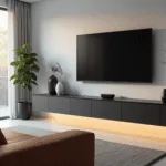 Moderne woonkamer met een zwevende tv-unit van mat zwart MDF op een witte muur, grote ramen die natuurlijk daglicht binnenlaten, een cognackleurige leren bank, lichtgrijze PVC-vloer, warme LED-verlichting, geometrische vazen en kamerplanten.