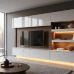 Moderne woonkamer met een zwevende tv-wandmeubel, hoogglans witte oppervlakken en walnootaccenten, verlicht door LED-achtergrondverlichting, grote ramen die natuurlijk licht binnenlaten, minimalistische inrichting, tijdens het gouden uur.