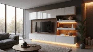 TV Meubel Wand: Jouw Ultieme Gids voor een Stijlvolle Mediamuur Moderne woonkamer met een zwevende tv-wandmeubel, hoogglans witte oppervlakken en walnootaccenten, verlicht door LED-achtergrondverlichting, grote ramen die natuurlijk licht binnenlaten, minimalistische inrichting, tijdens het gouden uur.
