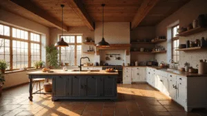A spacious Dutch kitchen featuring rustic and modern elements, with oak beam ceilings, a central island, terracotta floor tiles, vintage copper pendant lights, and white paneled cabinets with weathered oak accents, illuminated by warm golden hour sunlight.