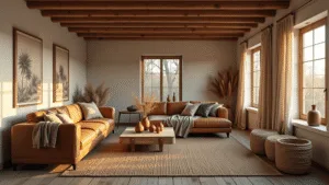 Een brede cinematografische opname van een gezellige, rustieke woonkamer met warme avonduitzichten, houten balkenplafond, grote ramen met linnen gordijnen in oatmeal, een cognac leren bank, een verweerd eiken koffietafel, een jute vloerkleed, en vintage koperen en handgemaakte aardewerken decoraties, alles weergegeven in hoge resolutie met aandacht voor textuur en diepte.