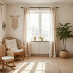 Cinematische interieurfoto van een serene nursery met zachte ochtendlicht, houten meubels en aarde tinten, inclusief een houten wieg, rieten schommelstoel en macramé wanddecoratie.