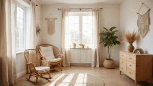Cinematische interieurfoto van een serene nursery met zachte ochtendlicht, houten meubels en aarde tinten, inclusief een houten wieg, rieten schommelstoel en macramé wanddecoratie.