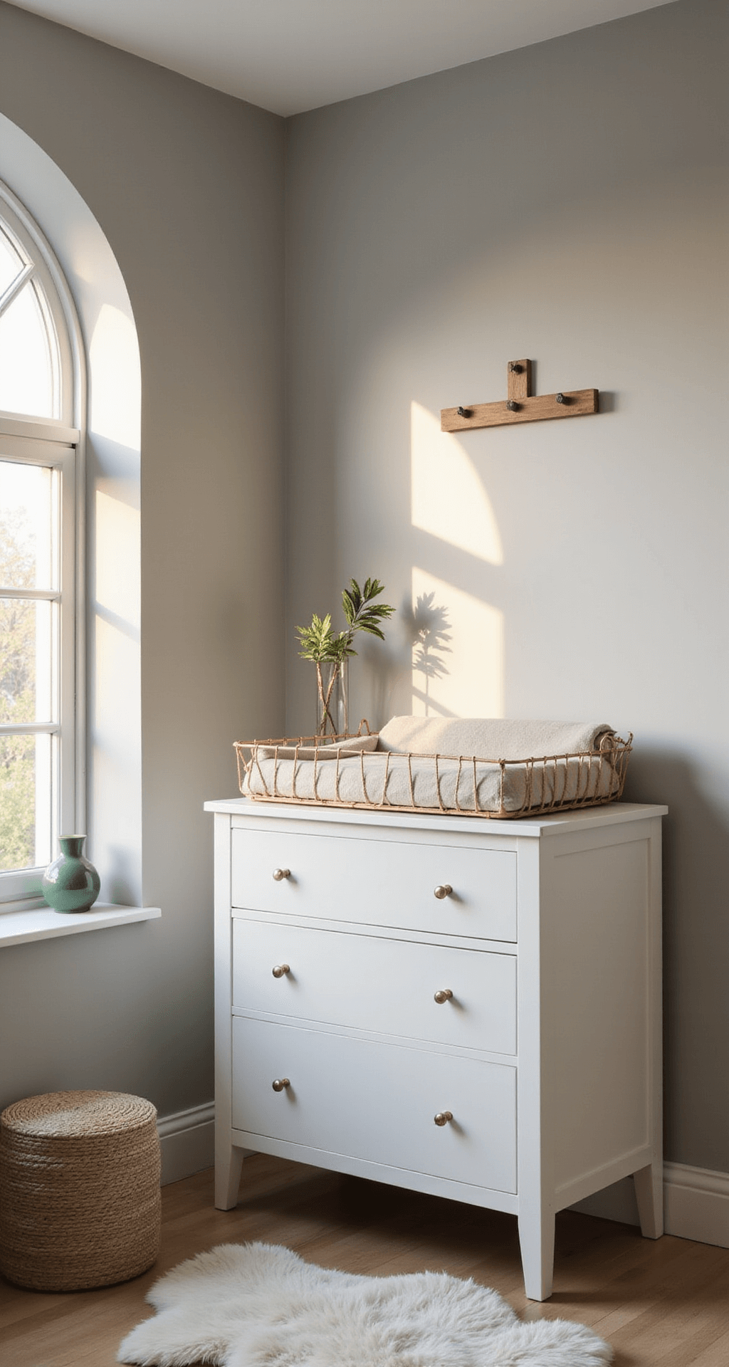 Baby Room Dresser: Essential Information and Inspiration Moderne babykamer met een witte Hemnes ladekast tegen een lichtgrijze muur, gestyled met een koperen draadmand, een natuurlijk linnen verschoonpad en accessoires in gedempt saliegroen. Een zacht schapenvacht tapijt ligt eronder en een gebogen raam laat warm licht binnen. Wide-angle shot uit de hoek, met natuurlijke schaduwen in een Scandinavische minimalistische esthetiek.