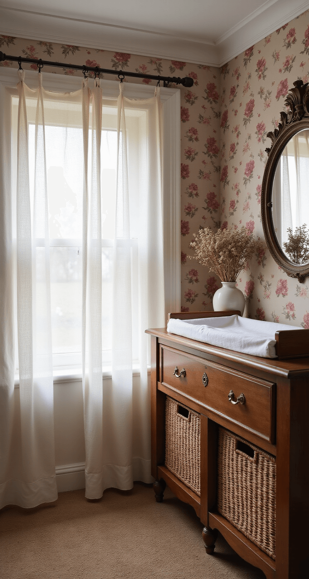 Baby Room Dresser: Essential Information and Inspiration Vintage-geïnspireerde verschoofplek in een kinderkamer, met een gerestaureerde eikenhouten commode, vintage behang in een rozenpatroon, gevlochten opbergmanden en een antieke spiegel. Het zachte daglicht valt door sheer gordijnen, wat een nostalgische sfeer creëert.