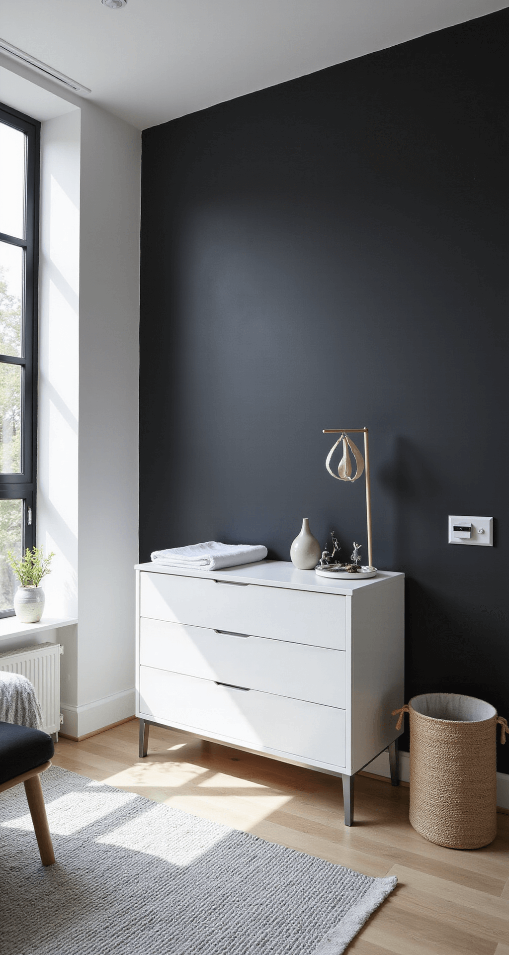 Baby Room Dresser: Essential Information and Inspiration Zwart-witte moderne kinderkamer met zwarte accentmuur, witte gelakte commode en marmer-effect verschoonmat. Grote ramen zorgen voor indirect licht, terwijl geometrische mobiles en minimalistische opbergoplossingen benadrukt worden.