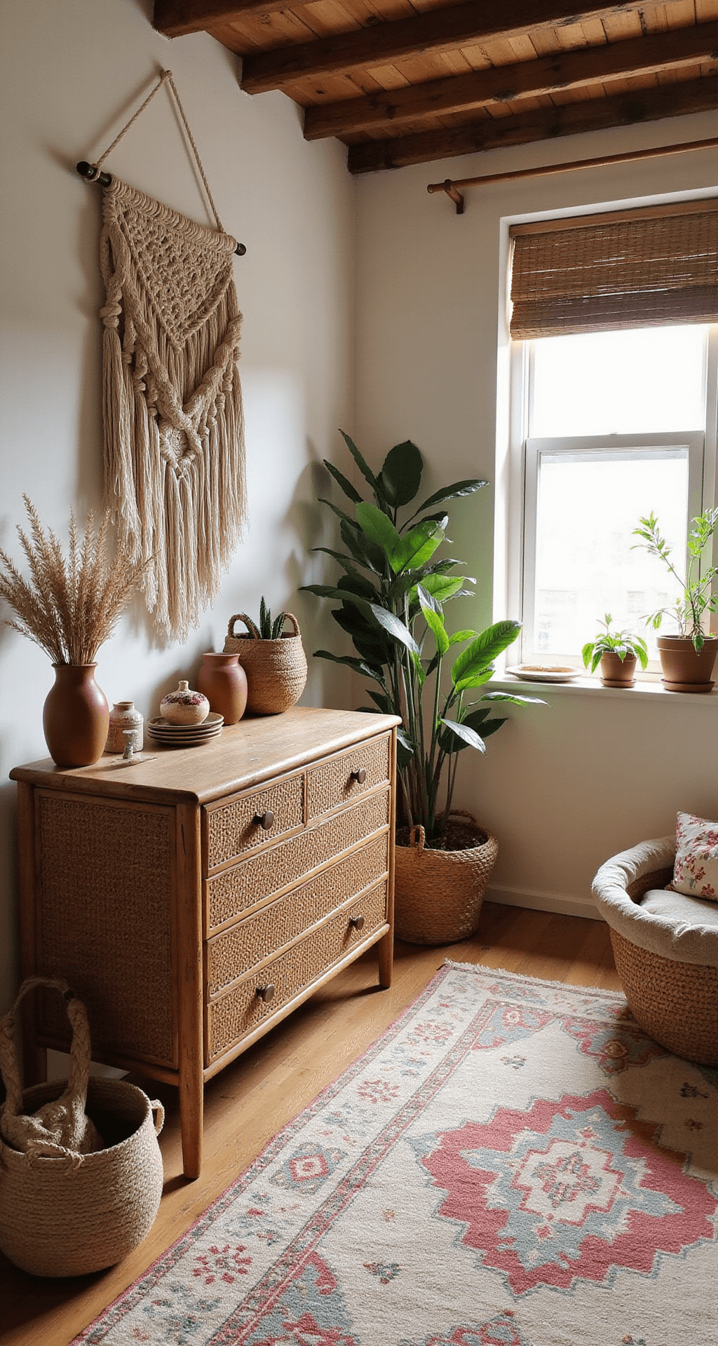 Baby Room Dresser: Essential Information and Inspiration Boheemse natuurlijke kinderkamer met houten balken, vintage rotan commode, macramé wandhangende, gedroogde pampasgras en aardewerken potten in het ochtendlicht door bamboe jaloezieën, met Perzische tapijten en gevlochten manden.