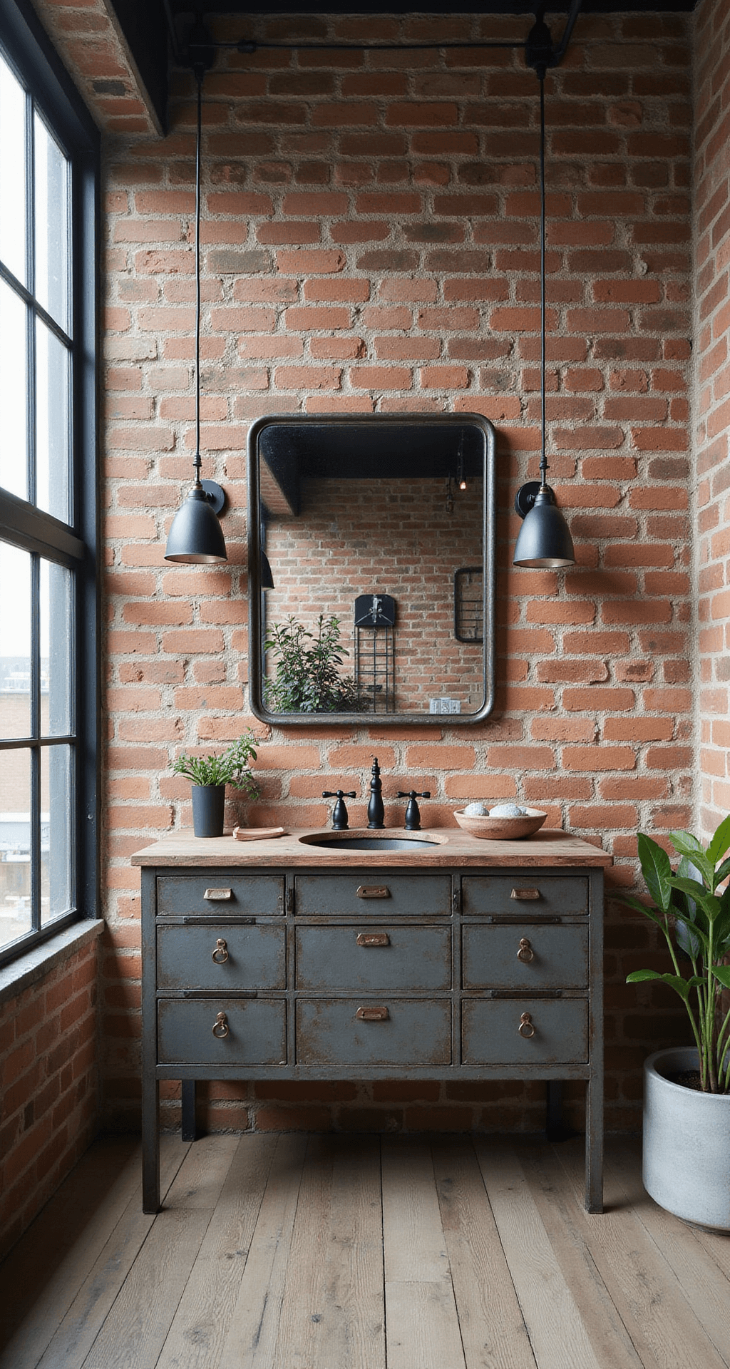 Baby Room Dresser: Essential Information and Inspiration Industriële chic kleedruimte met een ruwe bakstenen muur in een 4x4m loft. Metaal en gerecycled houten dressoir, fabrieksstijl hanglamp, middaglicht door industriële ramen, draadopslagoplossingen, leren accenten en betonnen plantenbak. Brede shot dat hoogte en stedelijke elementen benadrukt.