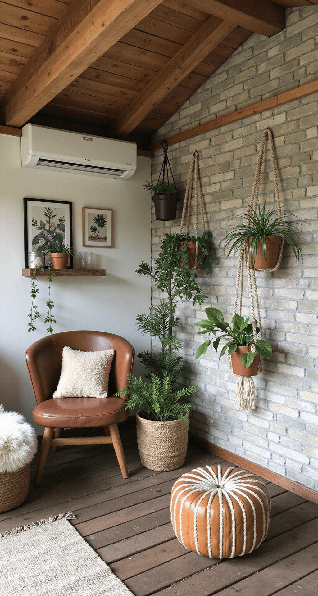 Knusse zolderkamer met dakkapel, vintage meubels en botanische prints, verlicht door de ochtendzon. Rotan schommelstoel met teddy kussen en hangplanten in macramé hangers. Aardetinten tapijt op de vloer.