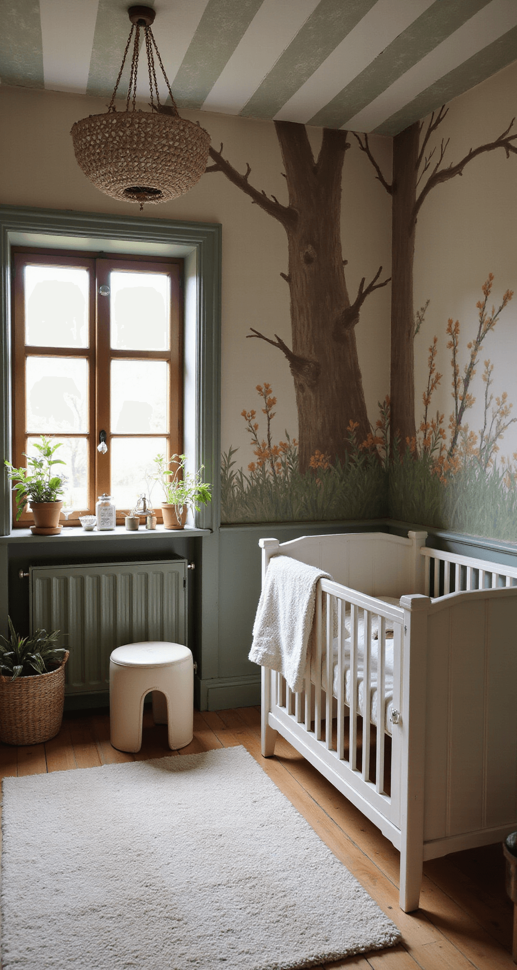 Een ruim vierkant babykamertje met grote oostelijke ramen, een vintage zachte groene wieg, handgeschilderd bosbehang met berken en dennen, een crèmekleurige schommelstoel met een gebreide deken, en rieten manden met natuurlijke speeltjes, gefotografeerd in warme, zachte ochtendverlichting.