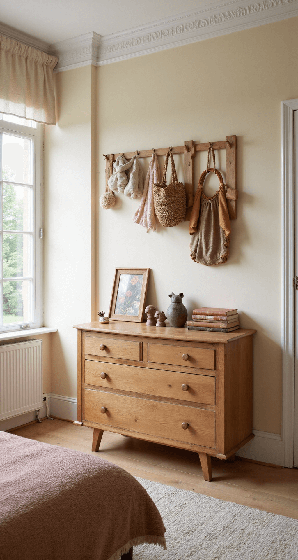 Een knusse hoek van een babykamer met een massief houten commode, handgemaakte bosdieren mobile, houten wandrekjes vol dennenappels, vintage boekjes en zachte knuffels, verlicht door natuurlijk licht dat door linnen gordijnen valt.
