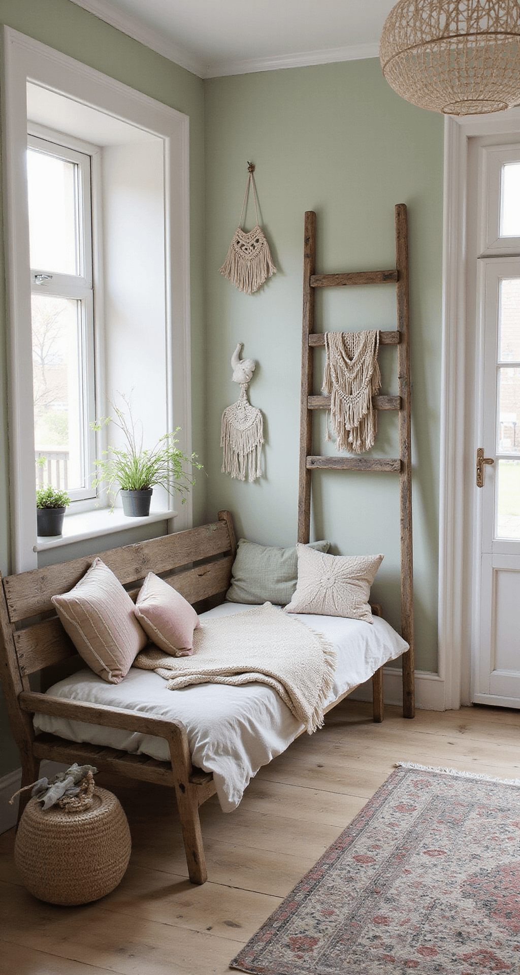 Een serene slaaphoek met een rustieke houten wieg en handgeschilderde berkenbomen, gefilterd daglicht door transparante gordijnen en een vintage ladder met dekentjes in bosgroene en beige tinten, versierd met macramé wandhangers.