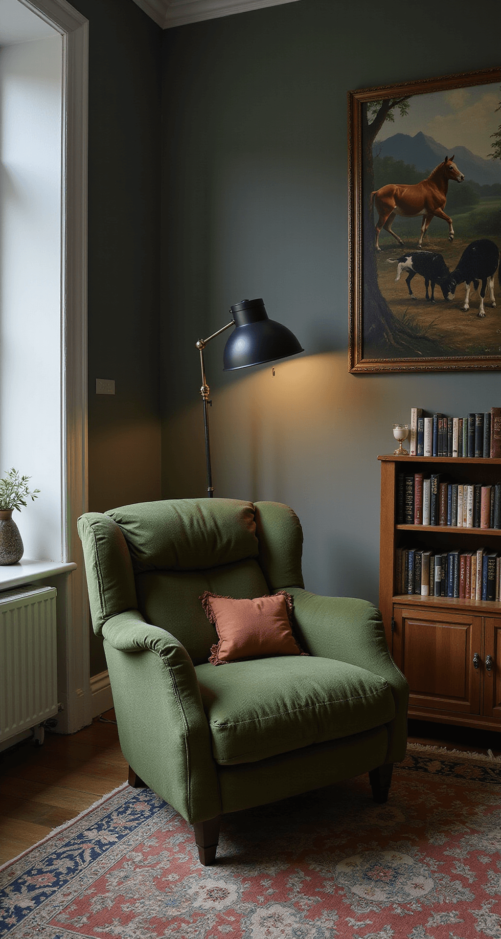 Dromerige leeshoek bij avondschemer met een mosgroene fauteuil, verlichte staande lamp en een houten boekenkast vol prentenboeken, omringd door muurschilderingen van bosdieren en echte takken, vastgelegd vanuit een lage camerahoek.