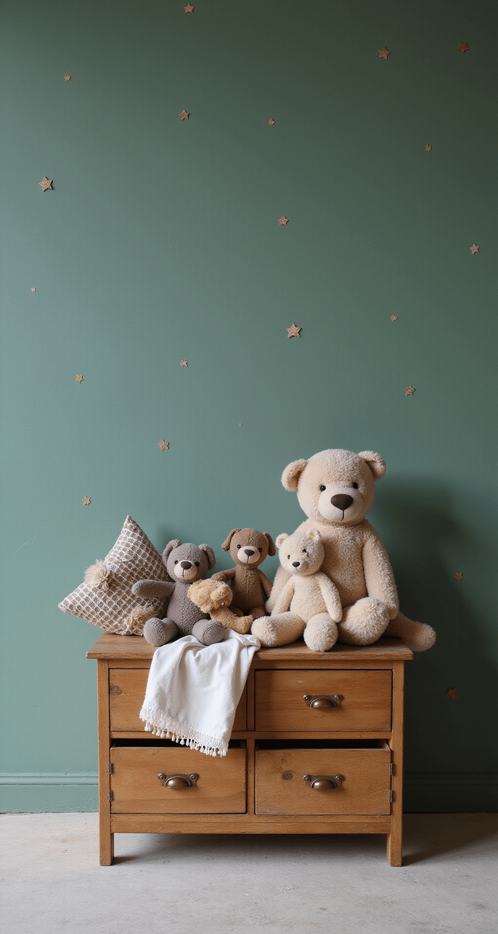 Een speelse opbergruimte met open kasten van natuurlijk hout, handgemaakte bosdieren knuffels, vintage speelgoed, een zachtgroene muur met gouden stippen, rieten manden en linnen opbergzakken in een symmetrische compositie.