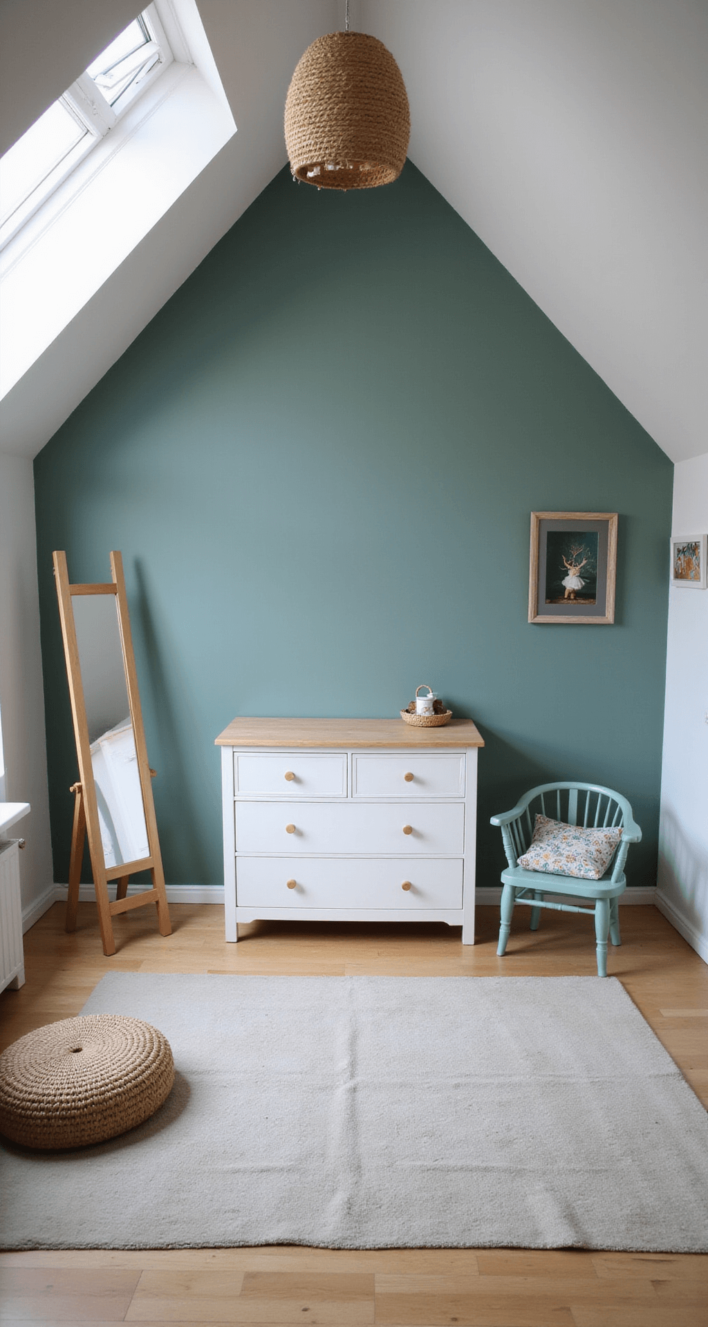 Ruime, vierkante babykamer met hoog plafond in ochtendlicht, grote ramen met sheer gordijnen, wit houten ledikant met zeeblauw beddengoed en walvisprint, rotan schommelstoel, zandkleurige muren met handgeschilderde koraalpatronen, juten vloerkleed met zeesterrenpatroon, houten commode met oceaanblauwe knoppen, serene en dromerige sfeer.