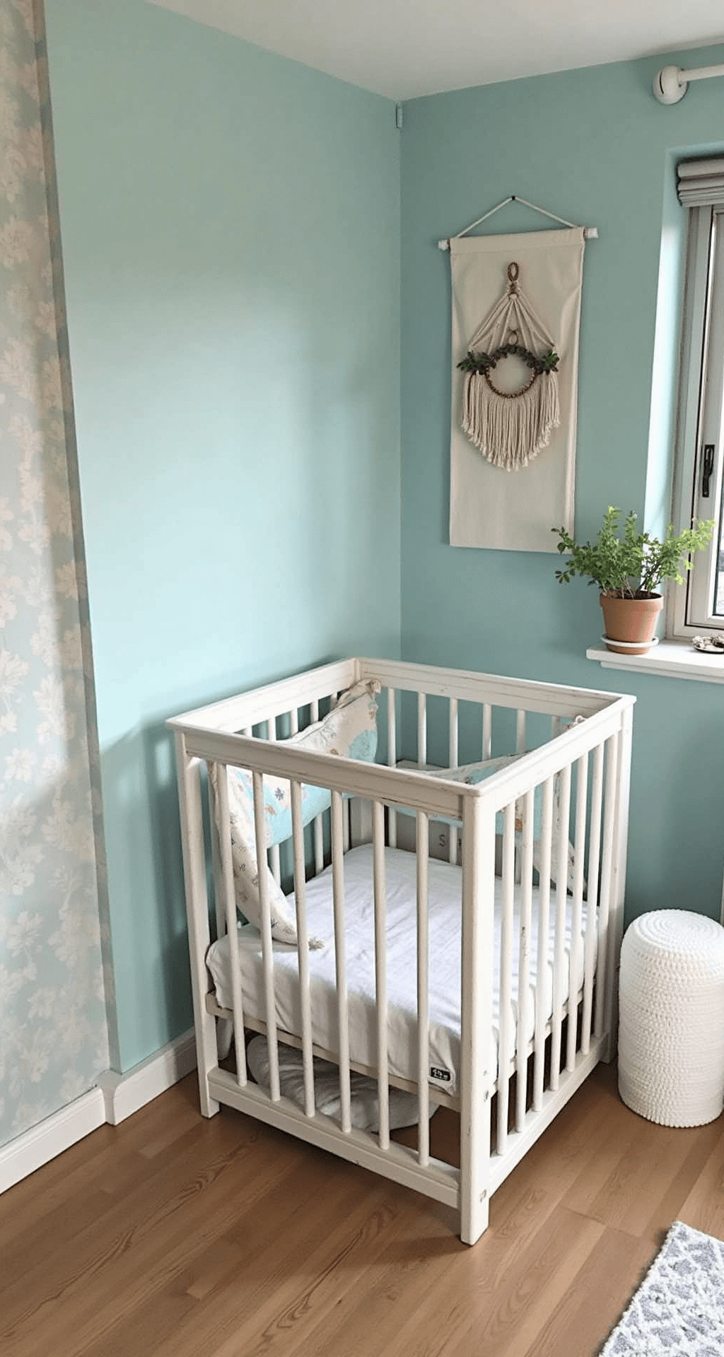 Intieme babykamer met oceaanblauw rolgordijn en walvisbehang, vintage houten wieg met macramé hemel, en natuurlijke materialen zoals bamboe opbergmanden en linnen gordijnen tijdens het gouden uurtje.