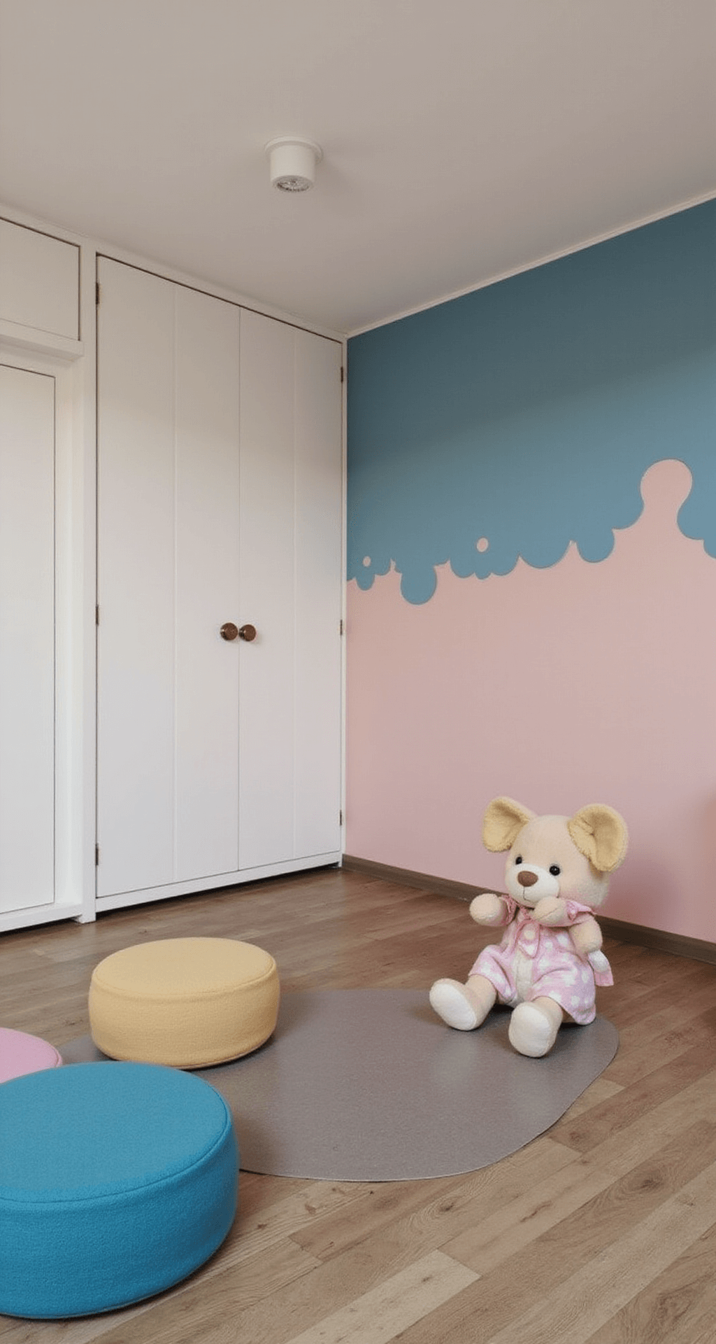 Moderne kinderkamer van 5x3m in middaglicht met een zachte, roze 3D koraalreliëf wand, minimalistisch wit ledikant, zwevende planken met maritieme accessoires, een rond vloerkleed in oceaantinten en een poederblauwe design schommelstoel, gefotografeerd vanuit de deurpost.