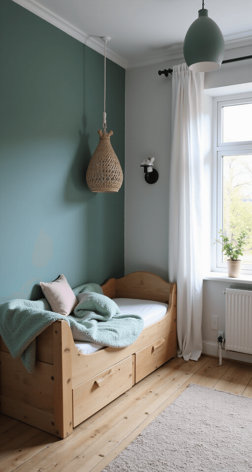 L-vormige babykamer met sfeervolle verlichting, accent muur met oversized walvis muurschildering, natuurlijk houten box met zeegroen beddengoed, rotan hangstoel met zeedieren kussens, en juten wanddecoratie met schelpen, gefotografeerd vanuit vogelperspectief met focus op de nis.