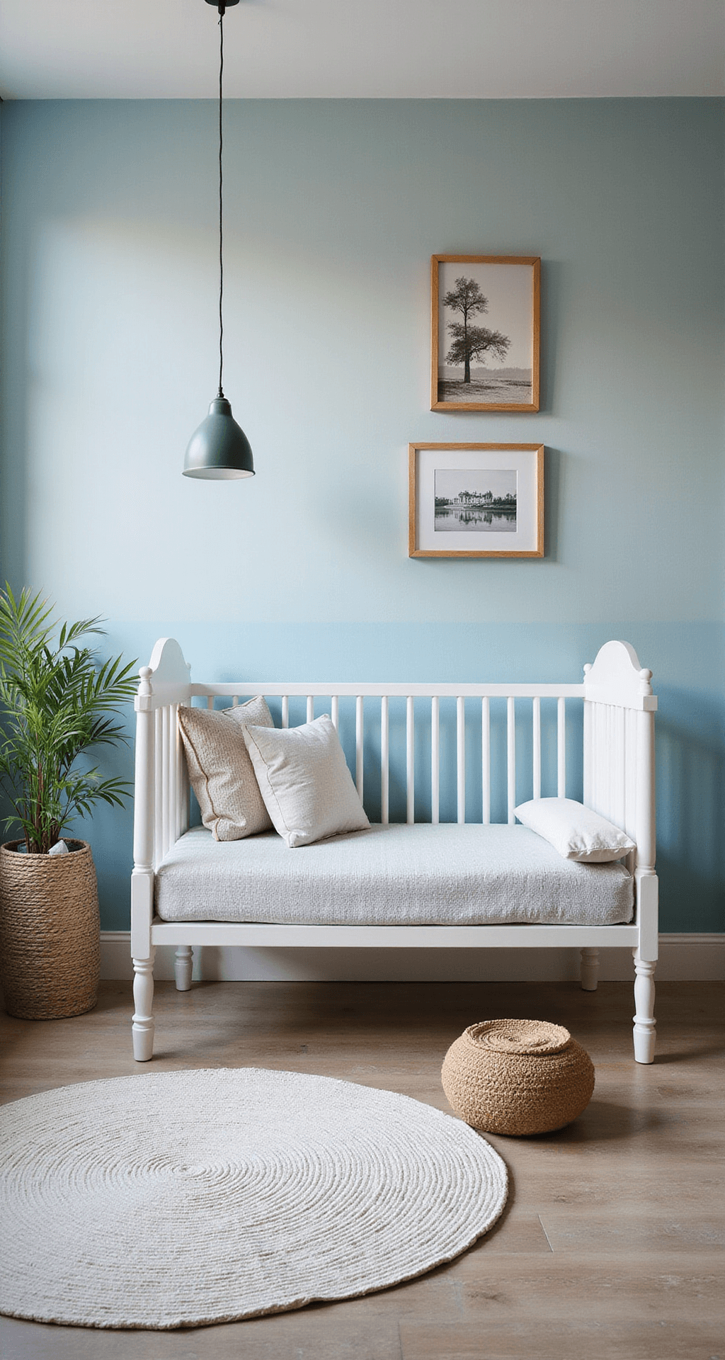 Compacte vierkante babykamer van 3x3m in ochtendgloed, met panoramisch onderwaterbehang, een wit spijlenbedje onder een oceaanblauwe hemel, een vintage zeemanskoffer als opbergruimte, een handgeknoopt tapijt met golvenpatroon, en een rotan lampenkap die schaduwen van zeedieren werpt, gefotografeerd op ooghoogte voor een magische en verhalende sfeer.