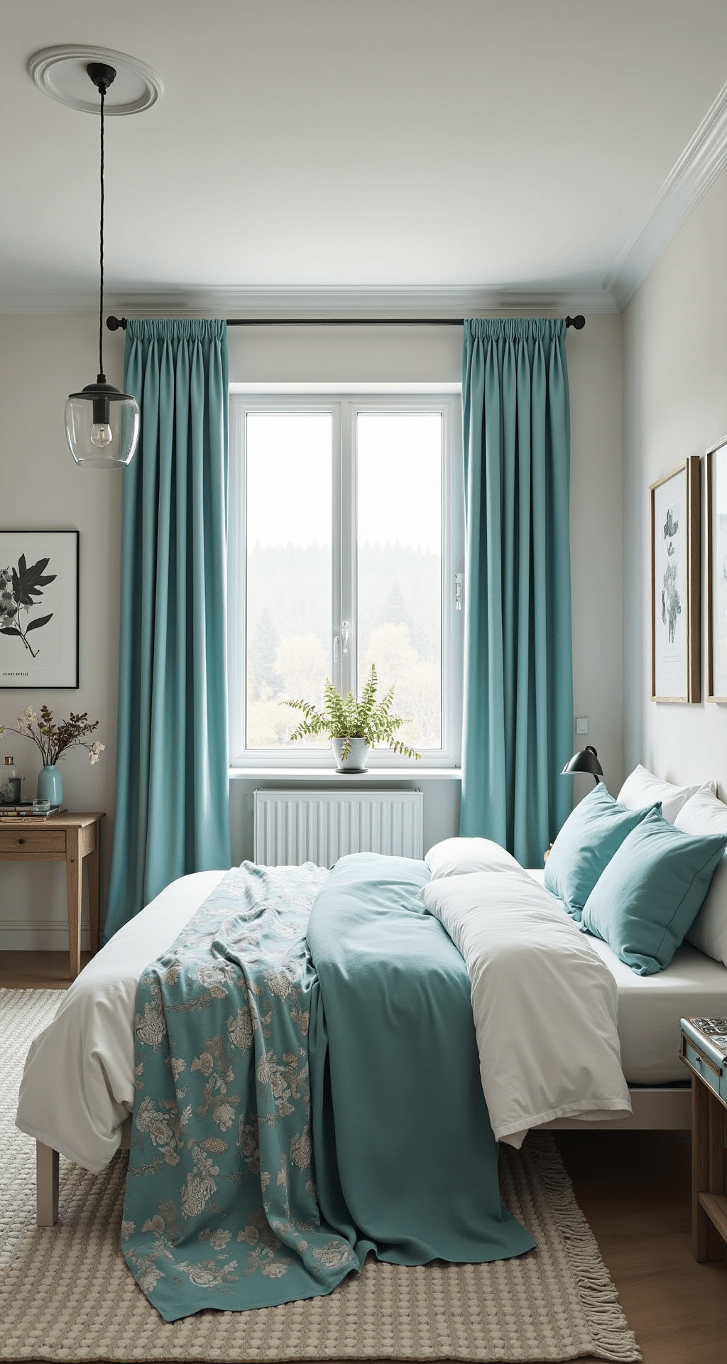Ruime zolderkamer in avondlicht met dakspanten, witte basis en turquoise accenten. Een op maat gemaakte bedstee in scheepsvorm, maritieme decorstukken zoals een kompas, scheepsklok en vintage zeekaarten. Een geweven wandkleed met koraalpatroon. Dramatisch perspectief langs de daklijnen, sfeer is avontuurlijk en speels.