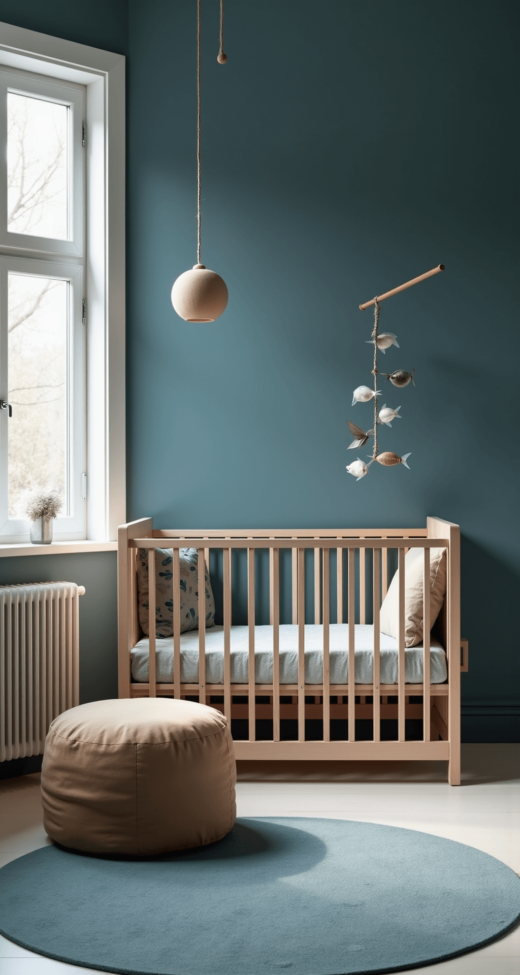 Rechthoekige babykamer met zachtblauwe ombré muren en een grote schelp-vormige schommelstoel, een natuurlijk berken ledikant met oceaanprint dekbedovertrek, handgemaakte mobile met glazen zeedieren en geweven rietmatten aan de muur, gefotografeerd in diffuus daglicht voor een etherische en harmonieuze sfeer.