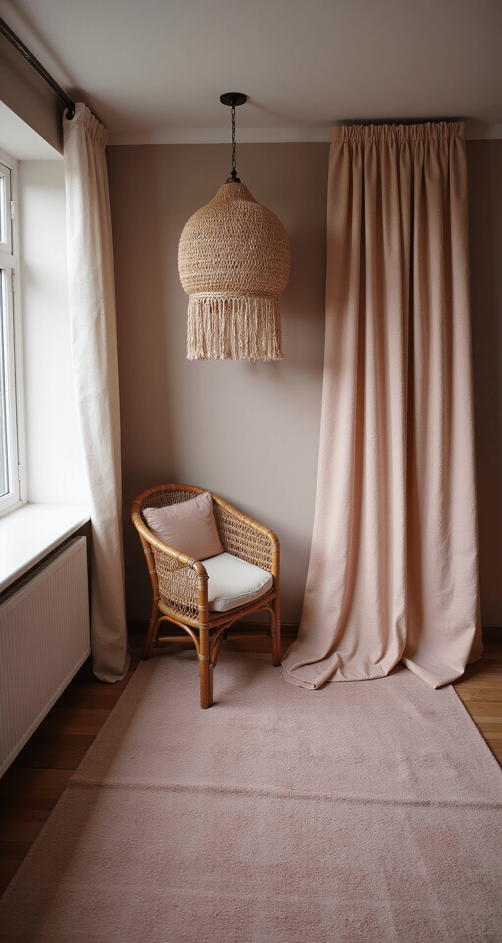 Vogelperspectief van een babykamer met een perzisch tapijt in roze/beige, een rattan ledikant met linnen beddengoed tegen een lichtgrijze muur, en een vintage kroonluchter die zacht licht werpt, met een macramé mobiel boven de wieg.