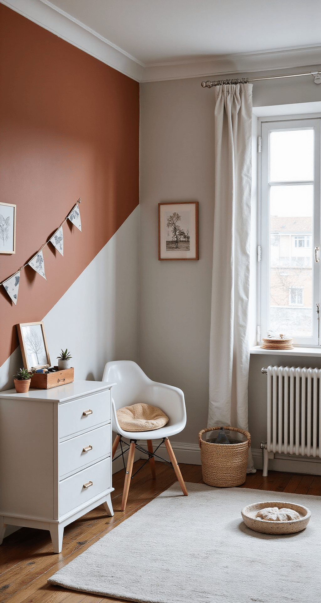 Een moderne kinderkamer van 4x4m met warme terracotta en zachtgrijs geometrisch behang, een vintage houten commode met koperen details, een witte minimalistische box en een zacht tapijt met ruitpatroon. De ruimte heeft linnen gordijnen in roomwit, rieten opbergmanden en botanische prints in natuurhouten lijsten, verlicht door diffus natuurlijk licht vanuit een verhoogd standpunt.