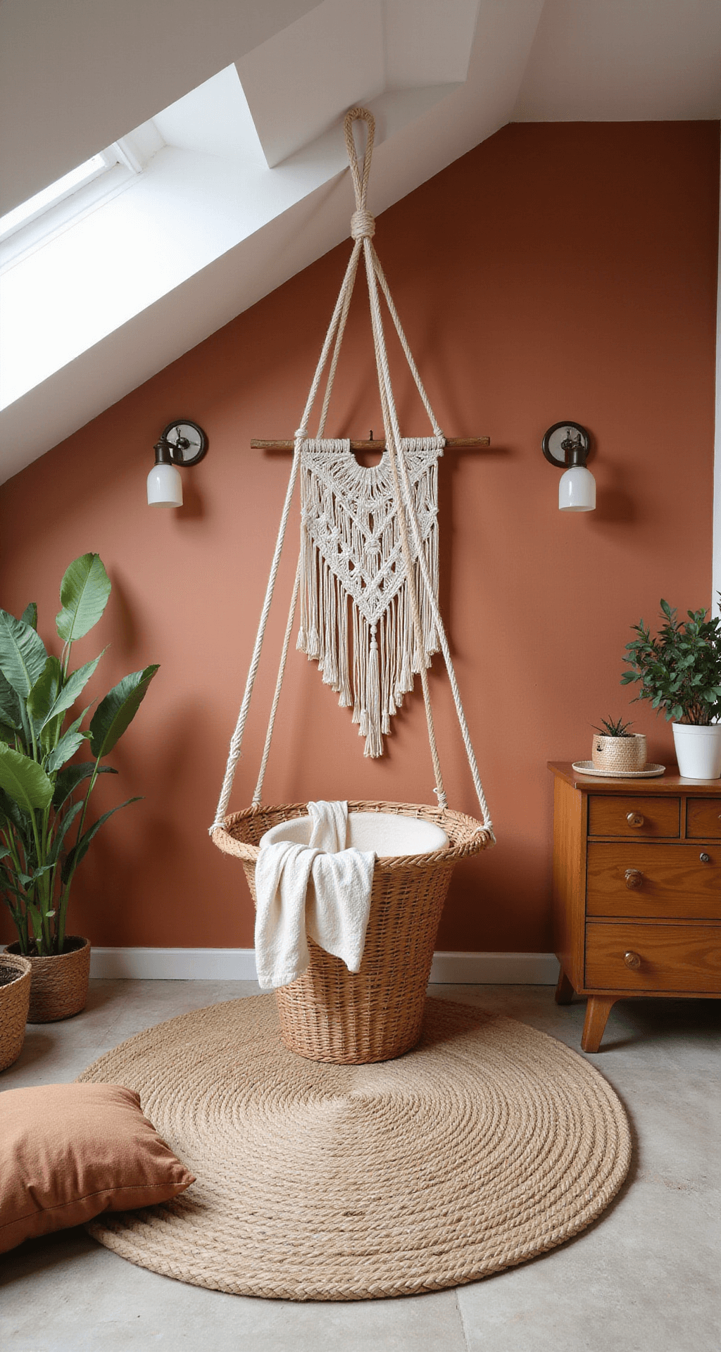 Een lichte babykamer met vintage rotan wieg, handgeweven jute vloerkleed, macramé wandhanger, terracotta muren en een antieke commode, sfeervol belicht door middaglicht.