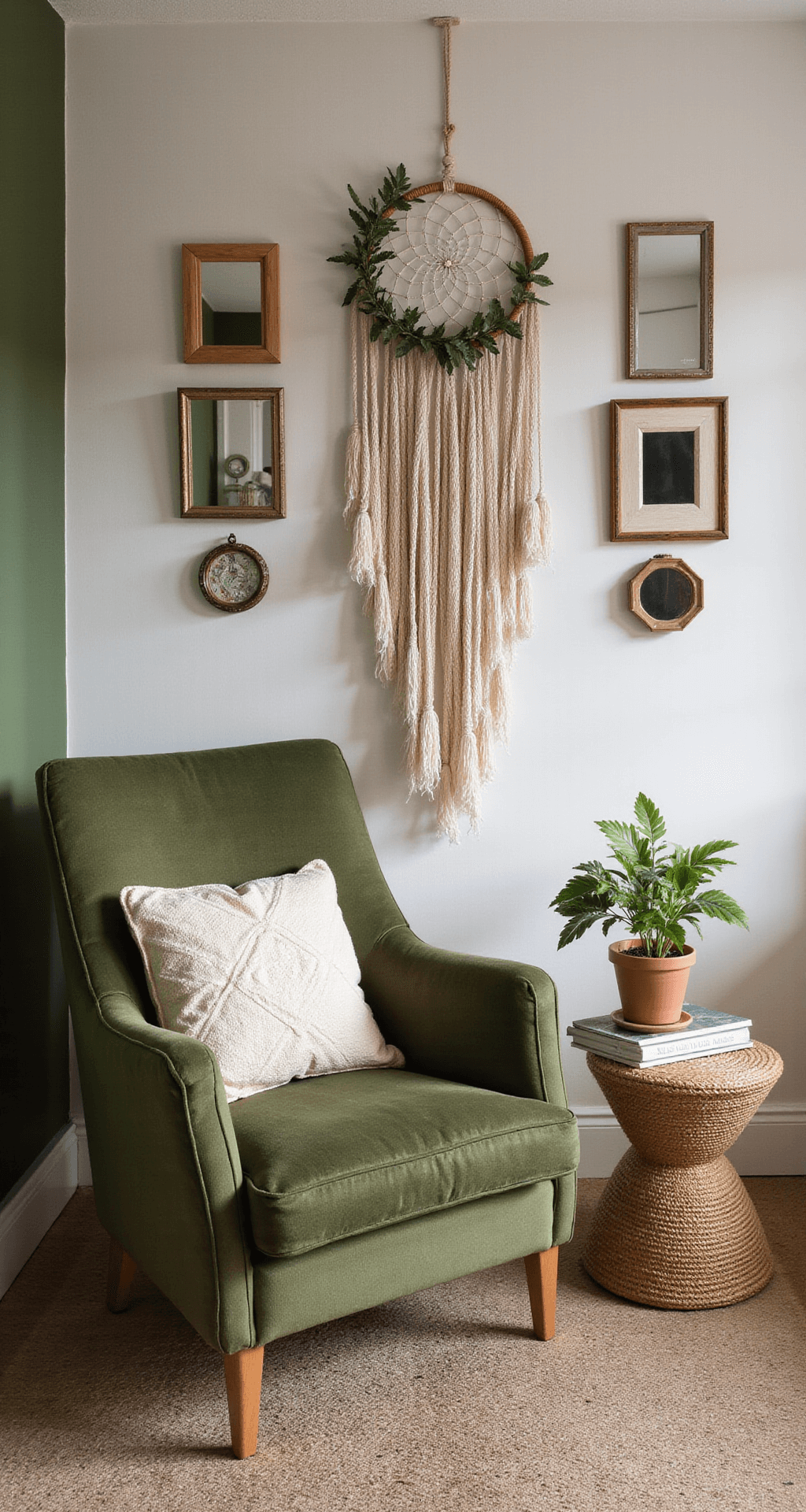 Een intieme bohemian babykamer met een olijfgroene schommelstoel en chunky gebreide deken, verlicht door het gouden uurtje. De ruimte heeft roomwitte muren met vintage spiegels in messing frames en een hoogpolig berber tapijt in crème en bruin. Een grote dreamcatcher hangt boven het raam met transparante linnen gordijnen, terwijl silhouetten worden gevormd door het tegenlicht. De sfeer is sereen en nostalgisch.