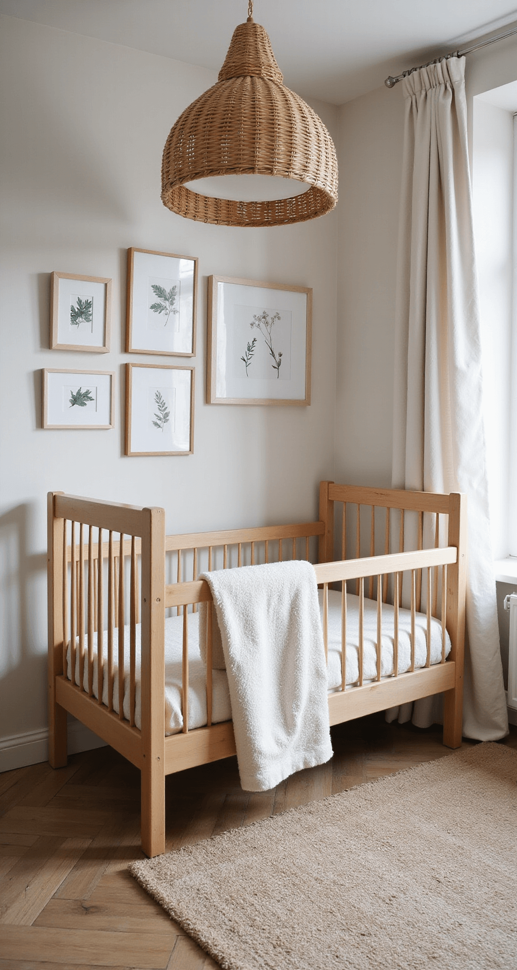 Rechthoekige babykamer in ochtendschemering met houten bedstee, mousseliene baldakijn, bamboe lambrisering, rotan hanglamp, botanische gallery wall en vintage Perzisch tapijt in mosterdtinten.