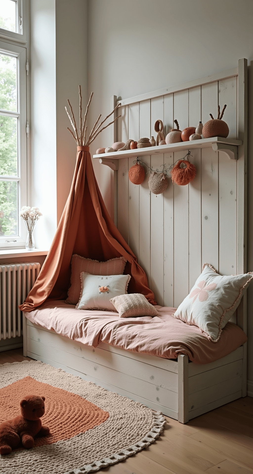 Vierkante speelhoek in namiddaglicht met een lage opbergbank van whitewash en rieten manden eronder. Boven de bank hangt een houten wandplank vol vintage kinderspeelgoed. De muur is versierd met handgemaakte pompons in terracotta en mosterdgeel. Een zacht daybed is omgeven door kussens in verschillende texturen en aardse tinten, gefotografeerd vanuit vogelperspectief.