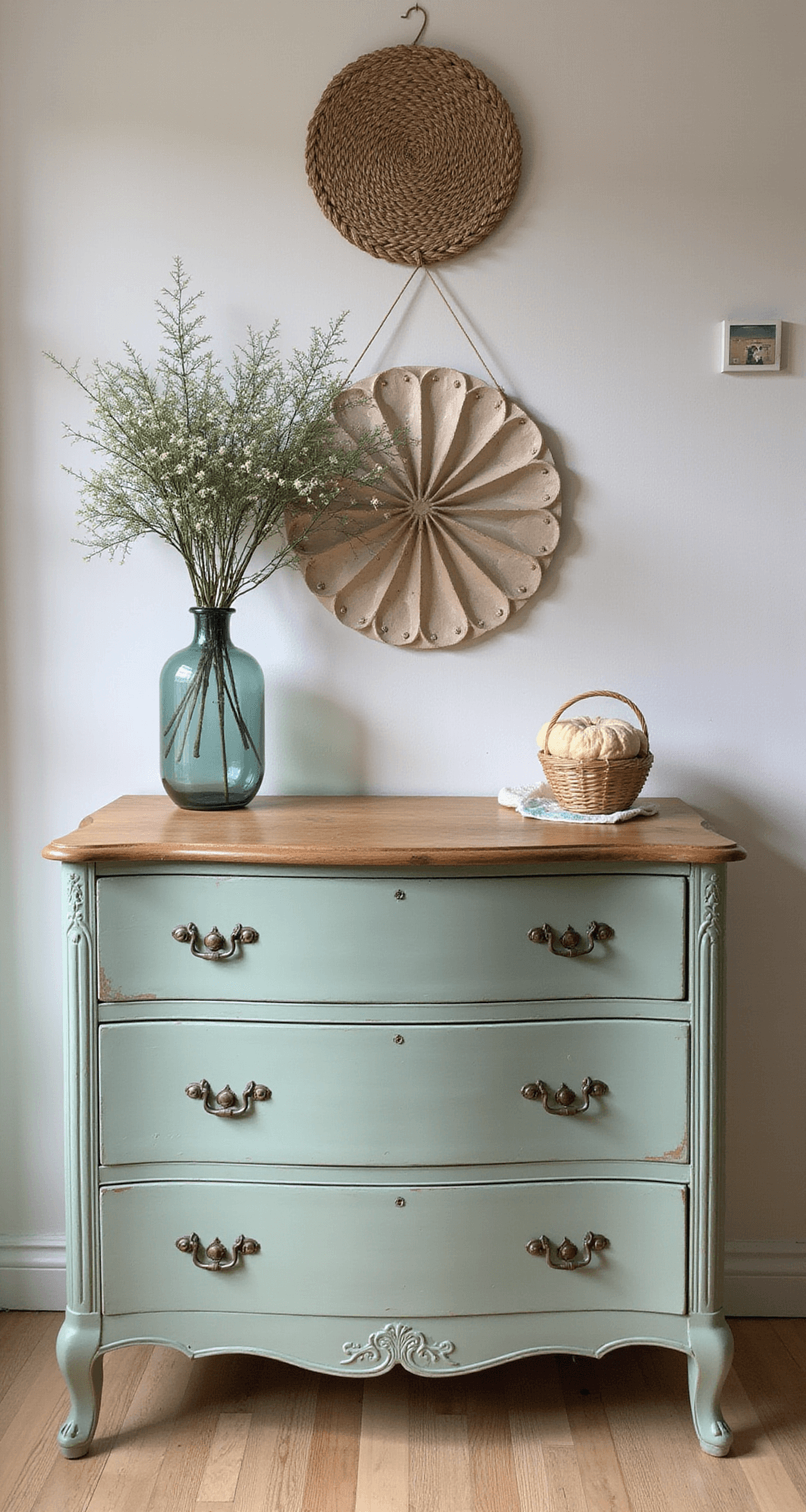 Langwerpige verzorgingsruimte in ochtendlicht met vintage dressoir omgetoverd tot commode in sage groen, ronde houten kapstok met babykleertjes, handgeweven wandkleden en een grote gevlochten wasmand.