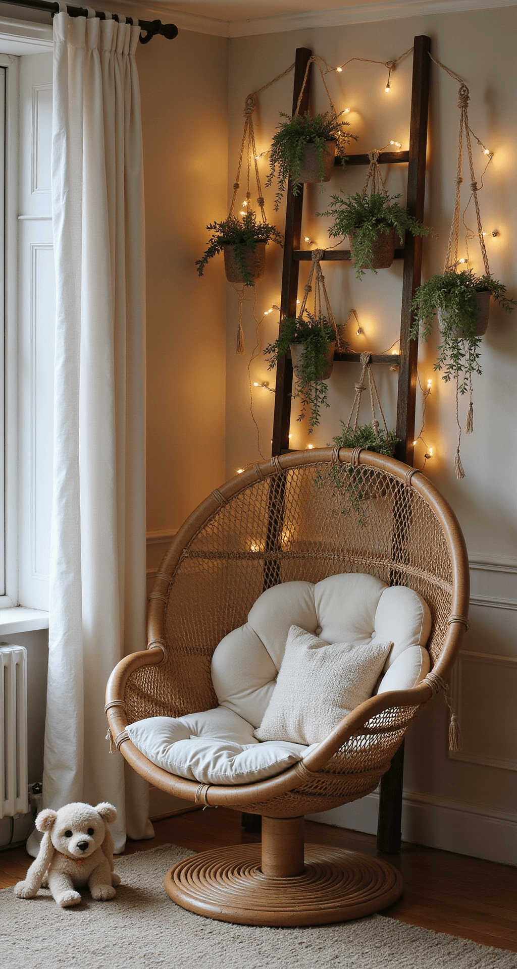 Knusse leeshoek met een oversized rotan peacock chair, zachte schapenvacht en handgebreide kussens, sfeervol verlicht door string lights. Vintage ladder als boekenkast met macramé planthangers en hangplanten. Warme beige muren met subtiele mandala muurschildering. Kikvorsperspectief naar de stoel.