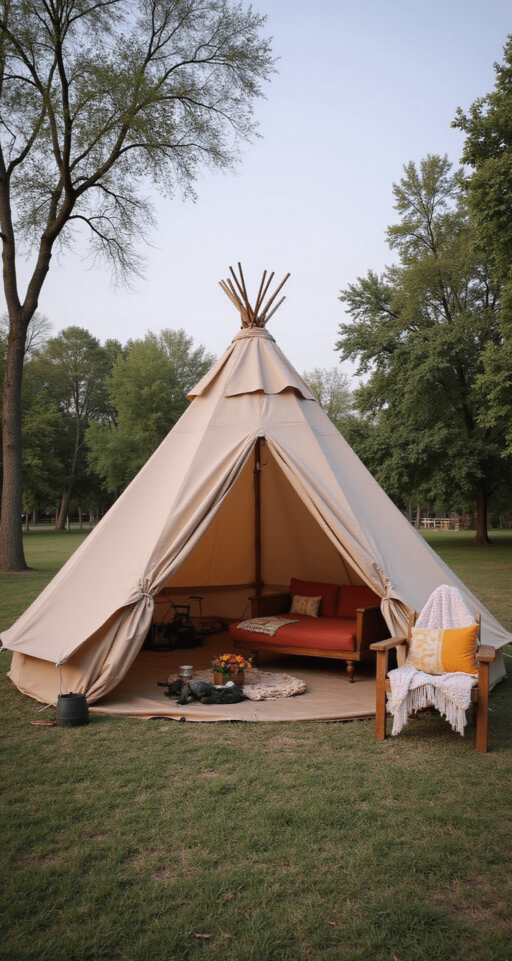 Een open speelruimte van 4x4m met middaglicht, featuring een grote tipi tent van ongebleekt katoen versierd met pompons en kwastjes, omringd door handgeknoopte poefs in natuurtinten. De kalkwitte muren hebben een statement muur in diep terracotta, versierd met vintage muziekinstrumenten. Grote pampasgras pluimen staan in aardewerk vazen, met een avontuurlijke en vrije sfeer.