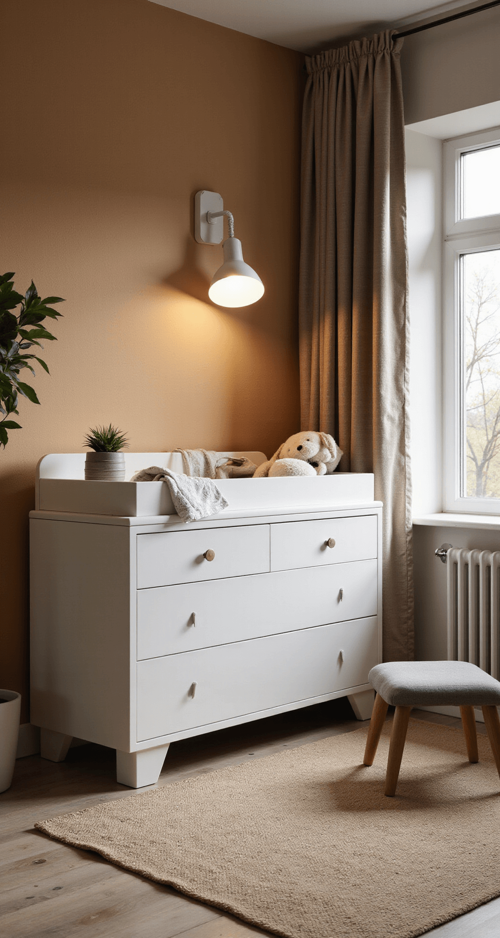Compacte babykamer in de avondschemering met warme okertint muren en abstracte jungle prints. Dimbare design vloerlamp verlicht de ruimte. Multifunctionele commode in mat wit met bamboe details en gestoffeerde opbergbank onder het venster. Handgeweven vloerkleed met geometrisch patroon. Gezien vanuit vogelperspectief, met warmwit kunstlicht en zachte accenten. Sfeer: knus en geborgen.