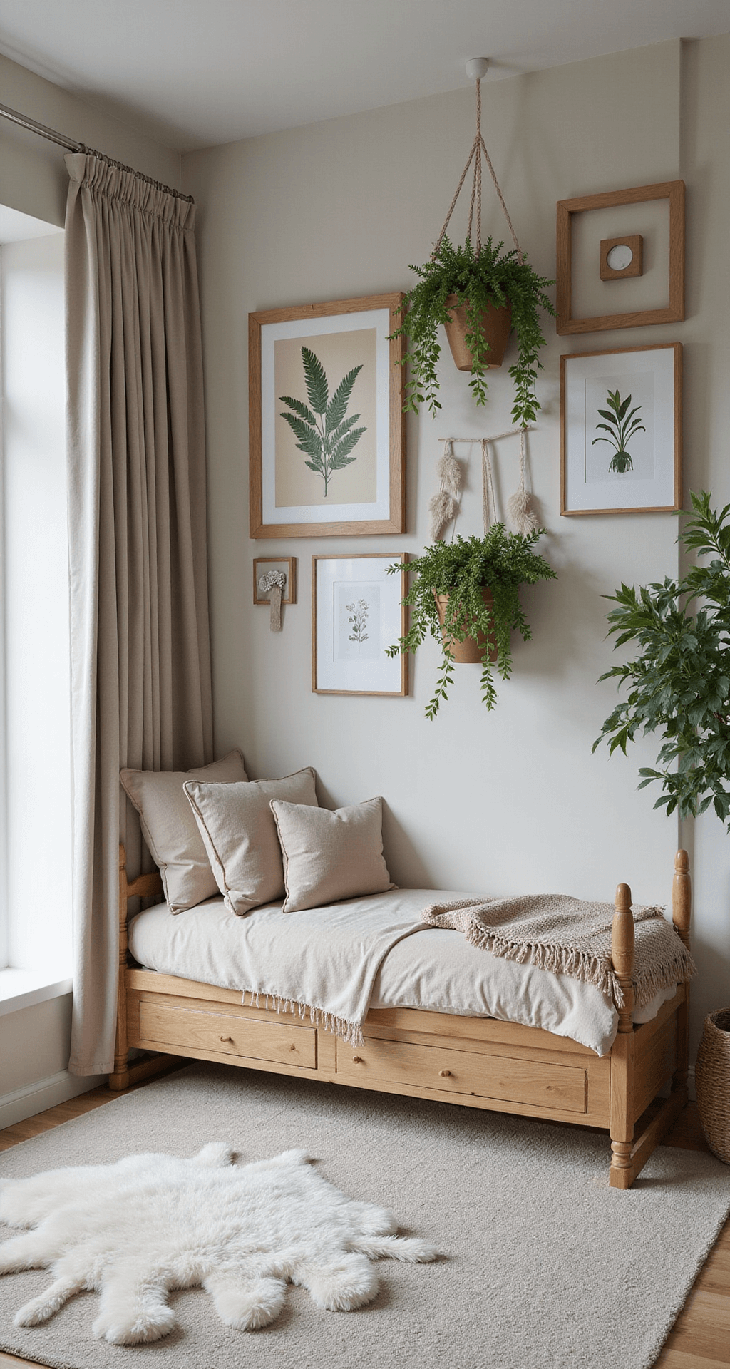 Vierkante kinderkamer van 4x4m in middaglicht met grote dakramen. Muurverf in zachte saliegroen loopt over in roomwit. Centraal een moderne houten box met organische vormen, omringd door een botanische gallery wall met gedroogde planten in naturel frames. Linnen gordijnen in gebroken wit bewegen in de wind. Lage opbergmeubels met rotan frontjes zijn zichtbaar vanuit vloerniveau, met een frisse en natuurlijke sfeer.