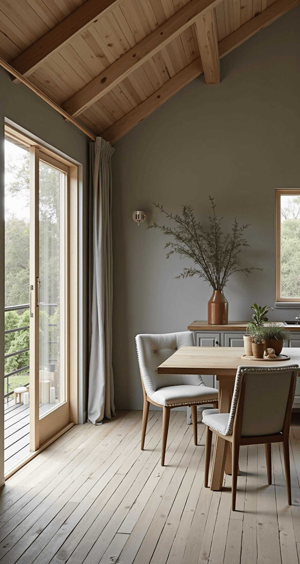 Ruime zolderkamer met balken in wolwit, sterrenhemel thema en gouden accenten. Modern houten bed, vintage perzisch tapijt, en zwevende planken. Dramatisch avondlicht met spotverlichting. Sfeervol en sophisticated.