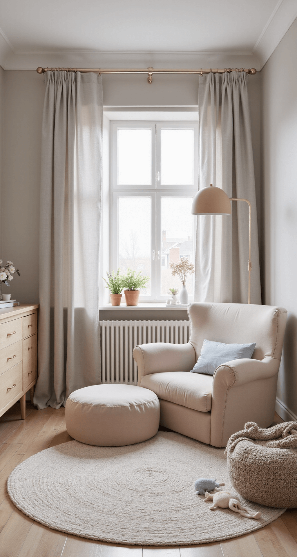 L-vormige babykamer van 20m² in ochtendschemering met warm greige muren en onderwaterthema in zachte pastels. Centraal staat een rond ledikant van gebleekt hout, omringd door een handgemaakte mobile van natuurlijke materialen. Een poedergrijze velours fauteuil en geweven rietmanden voor speelgoed. Beeld is genomen vanuit een laag camerastandpunt richting de speelhoek, met diffuus morgenlicht voor een zachte en rustgevende sfeer.