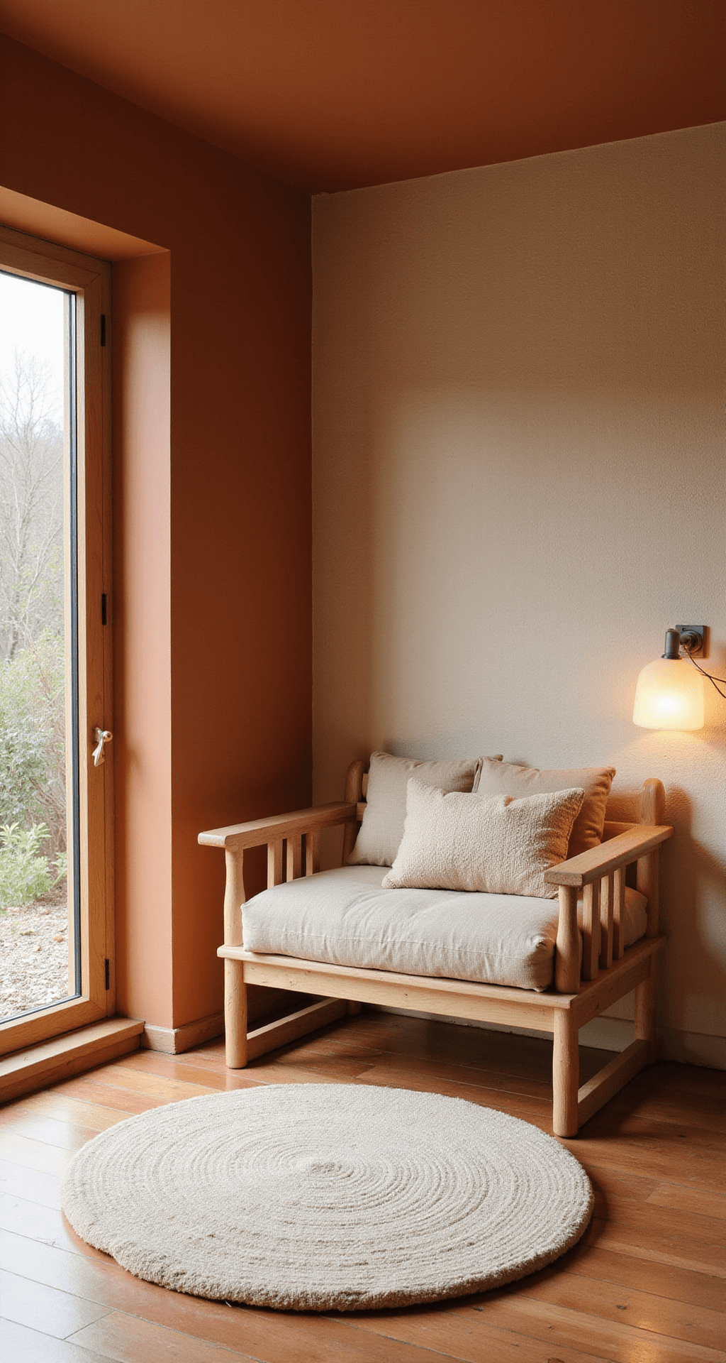 Rechthoekige kinderkamer in namiddaglicht met terracotta en warmwitte wanden, een modulair opbergsysteem van natuurlijk hout met rieten manden, een vintage schommelwieg, een handgeknoopt wandkleed met abstracte vormen en een lage katoenen speelmat.
