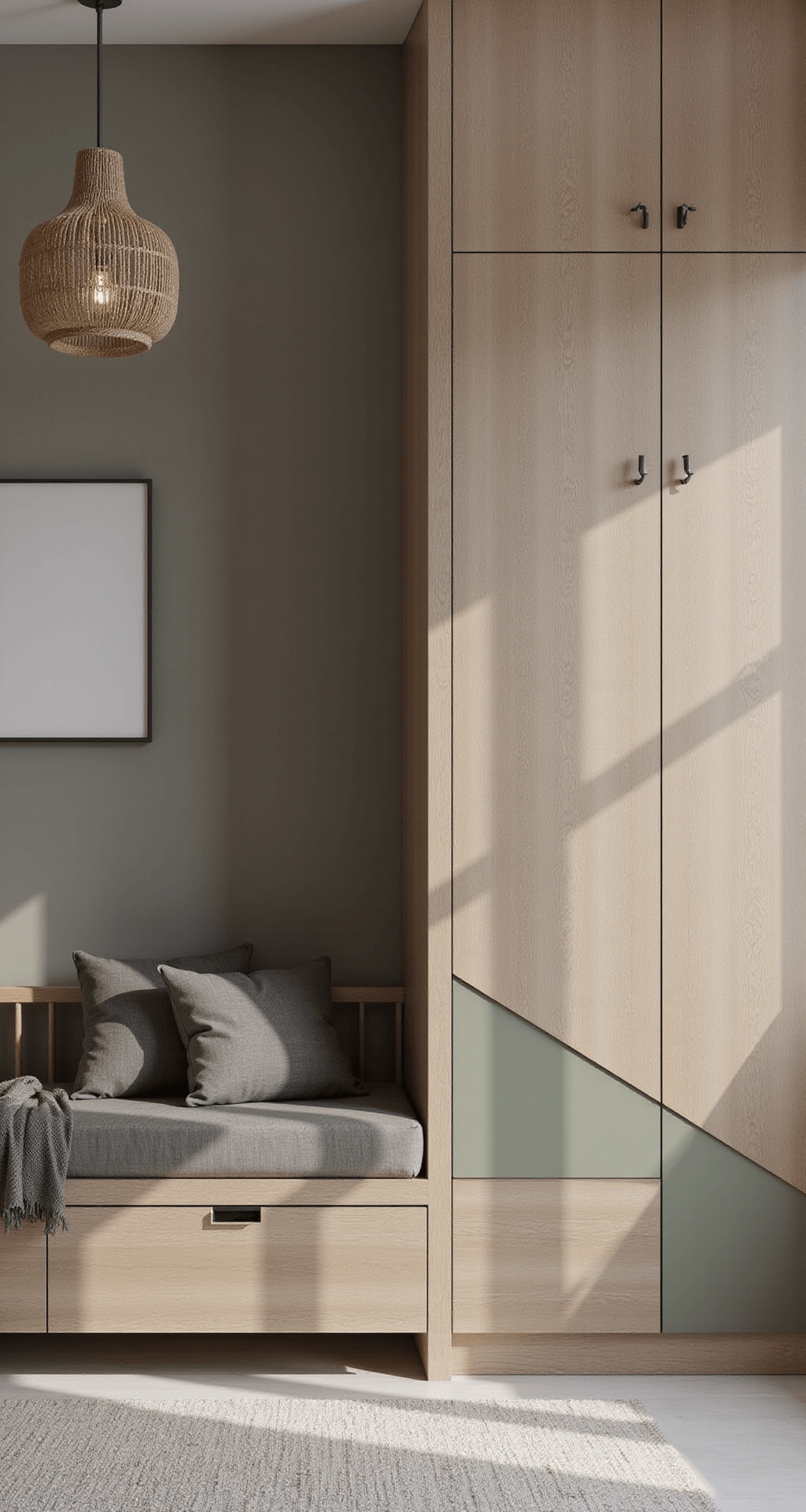 Moderne babykamer met chocoladebeige muren en geometrische reliëfs, een zwevend verschoonmeubel in mat eucalyptusgroen, een minimalistisch ledikant met natuurlijk bedtextiel, rieten lampenkappen die organische schaduwen werpen, en bamboe jaloezieën die het middaglicht filteren.