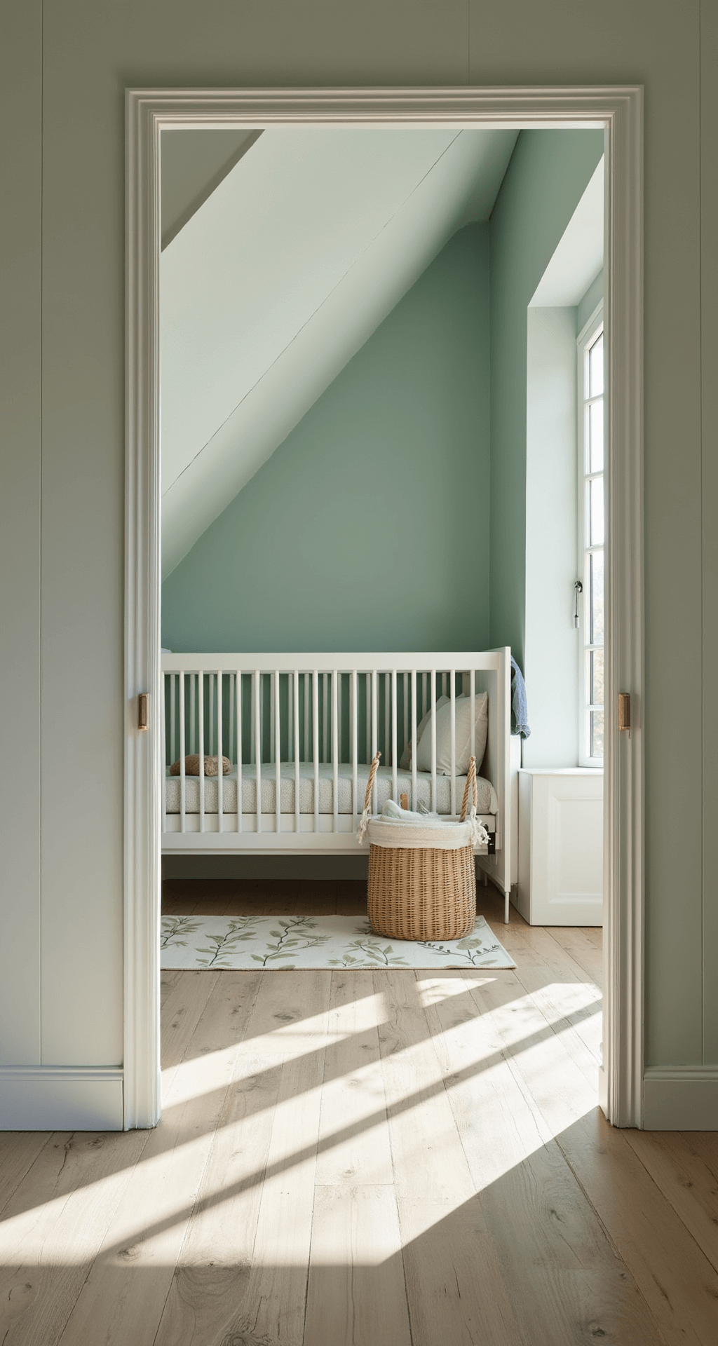 Ruime, lichte babykamer met hoge ramen aan de oostzijde, mintgroene accentmuur, wit houten ledikant met natuurlijke linnen beddengoed, rotan schommelstoel met zachtgroen kussen, geometrisch vloerkleed in crème en sage tinten, en zwevende planken met botanische prints, vastgelegd in natuurlijk ochtendlicht.
