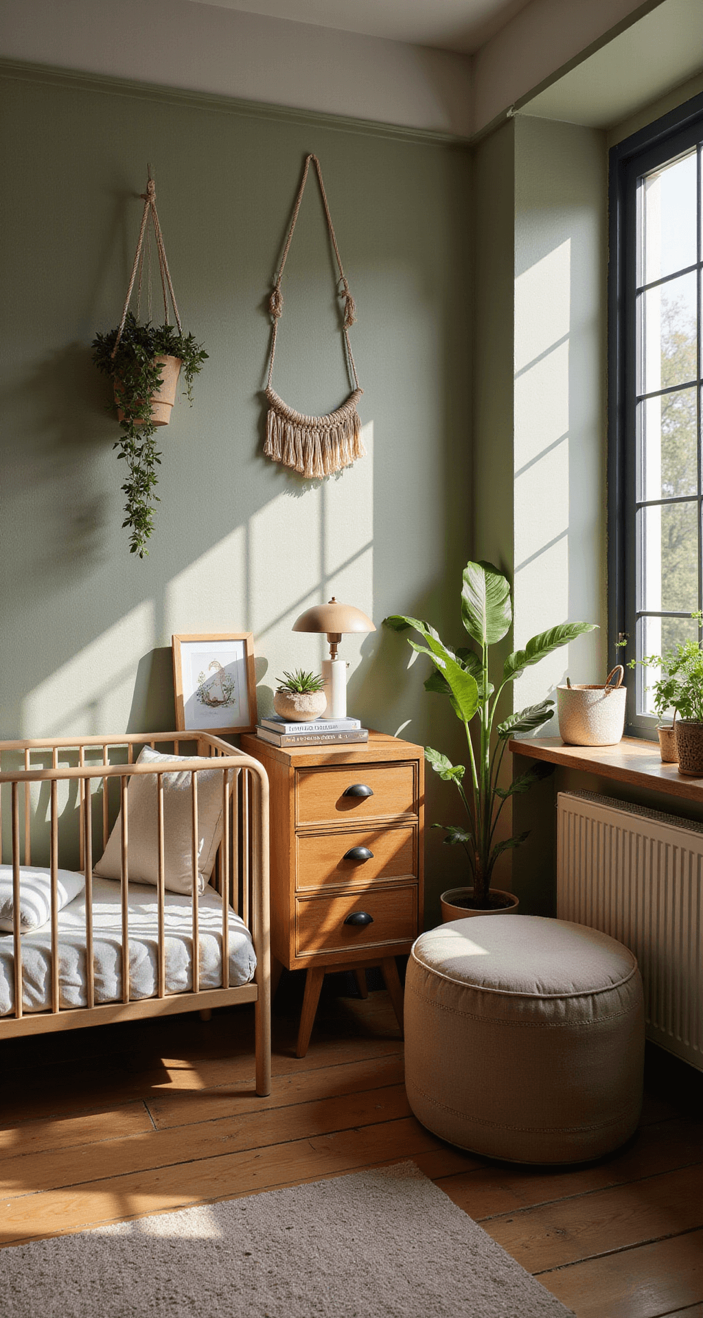 Intiem en nostalgisch aangeklede nursery van 3x4m met olijfgroene lambrisering, vintage commode, macramé wandhanger, warmgrijze voedingsstoel en rotan manden, gevangen in warm avondlicht.
