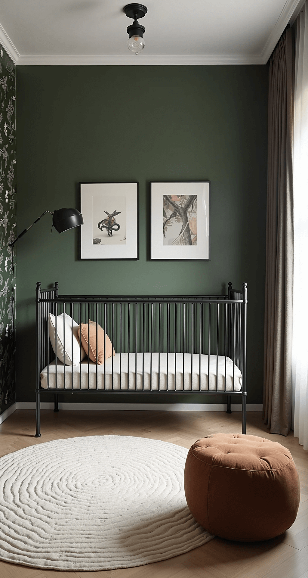 Moderne babykamer van 4x4m in middaglicht met donkergroene jungle feature wall, zwart metalen ledikant met linnen hemel, abstracte prints in messing frames, rond wollen kleed in gebroken wit, design schommelstoel in cognac leer en low-key verlichting, gefotografeerd vanuit een hoek van 45°.