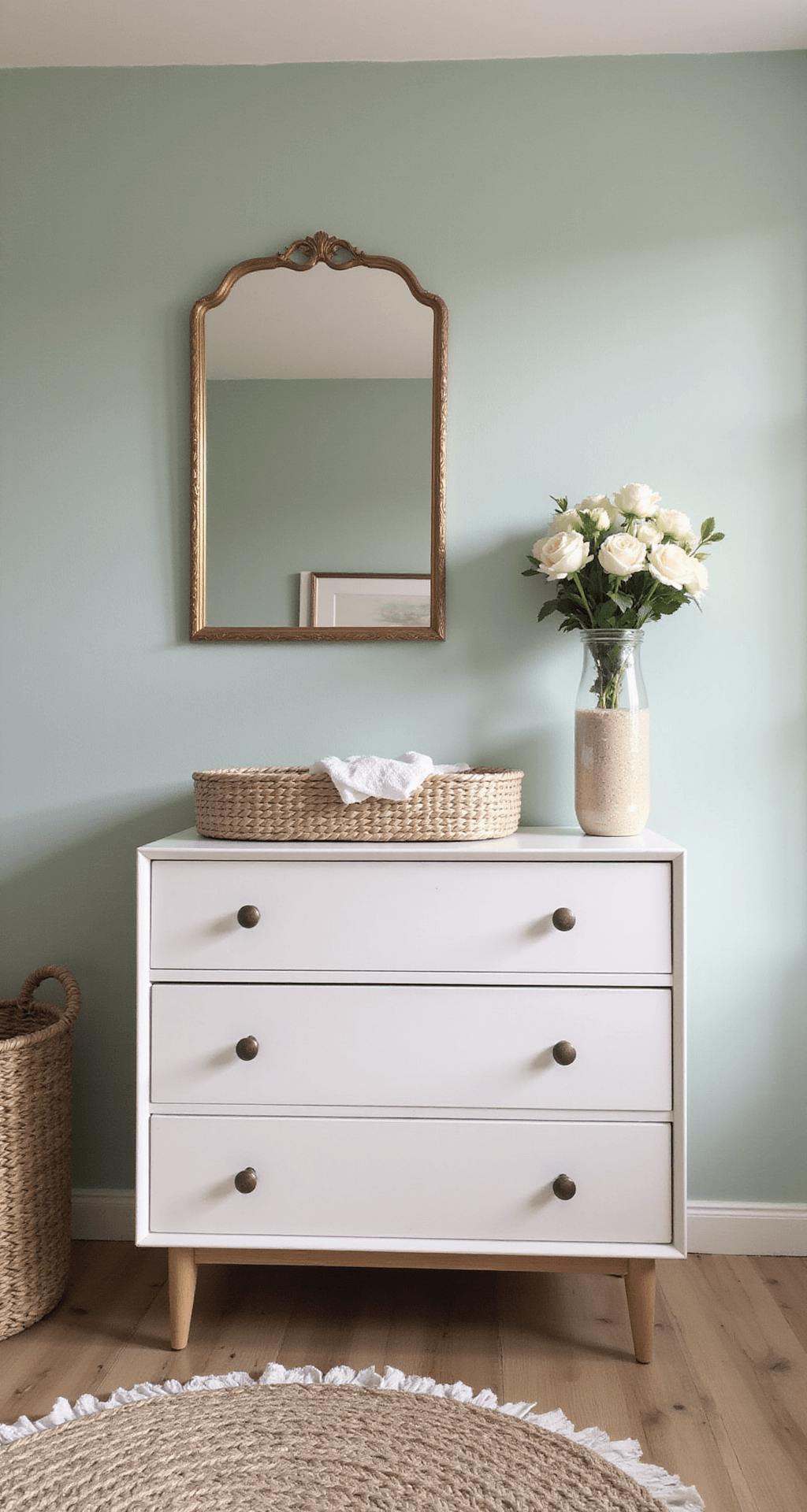Rustieke babykamer met pastelgroene schuine wanden en witte balken, vintage ledikant onder dakraam, handgeweven wandkleed, berken commode, schapenvacht op houten vloer, diffuse daglicht vanuit de trapopgang.