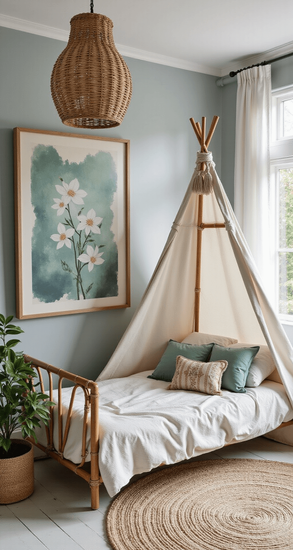 Ruime kinderkamer met saliegroen en crème kleurschema, voorzien van een botanische wandschildering, een rotan daybed met kussens, een speelhoek met tipi tent, vintage perzisch tapijt en een hangende rotan lamp, allemaal verlicht door dramatisch avondlicht.