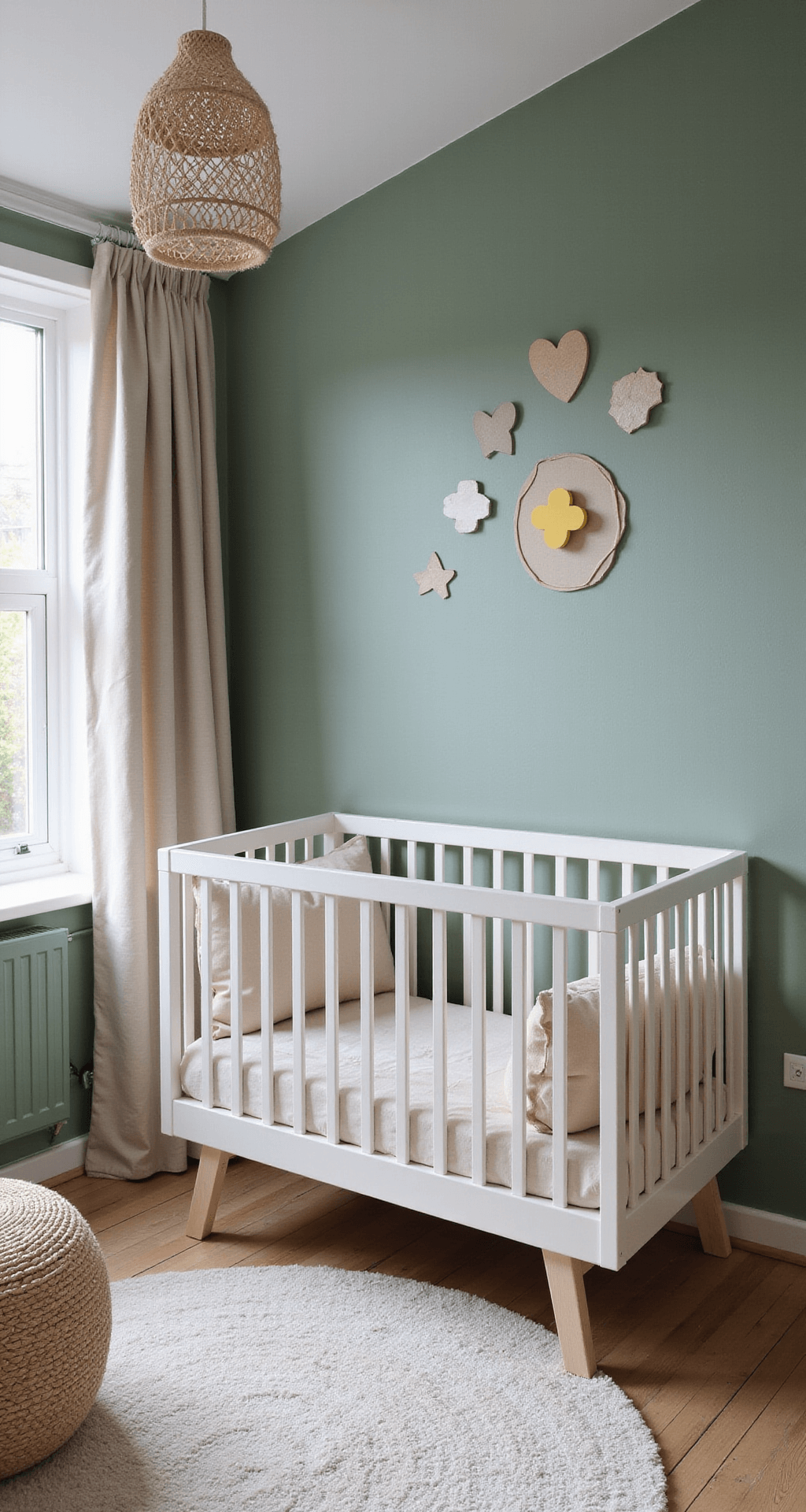 L-vormige babykamer met zachtgroene ombré muurverf, een modern wit ledikant, een designstoel in bouclé stof, geometrische wanddecoratie in messing, een zijden vloerkleed en een minimalistische hanglamp, vastgelegd vanuit een hoek in soft focus.