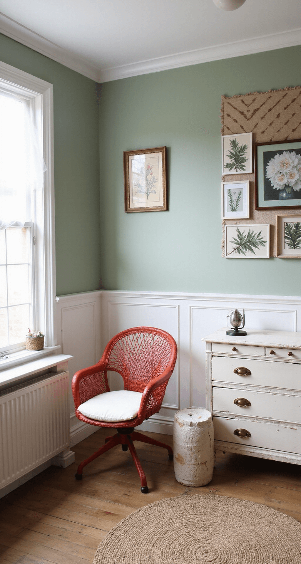 Vierkante kinderkamer in namiddaglicht met sage groene muren, witte paneling en een vintage Franse commode. Een rotan peacock stoel met linnen kussen staat naast een botanische gallery wall. Een jute vloerkleed met geometrisch patroon en messing details voegen een klassiek, maar speels element toe.