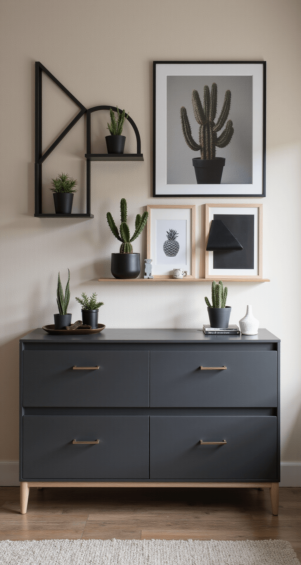 Compacte moderne babykamer met industrieel tintje; zwarte metalen wandrekken met beige muren, geometrische opbergbakjes, cactussen in koperen potten en zwart-wit foto's. Onder een matte zwarte commode met koperen handgrepen, gefotografeerd vanuit een laag standpunt met avondzon accenten op het metaal.